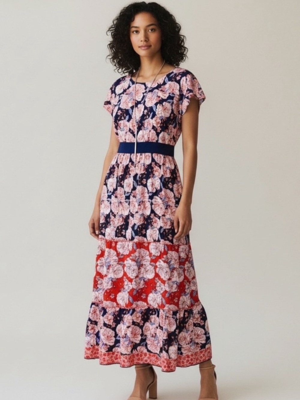 Knox Rose Floral Midi Dress Navy Red Pink Size L GUC